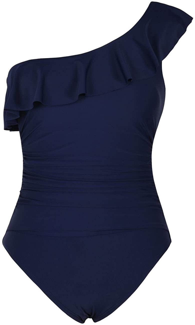 Women's One Piece Swimsuits One Shoulder Swimwear Asymmetric Ruffle Monokinis Bathing Suits