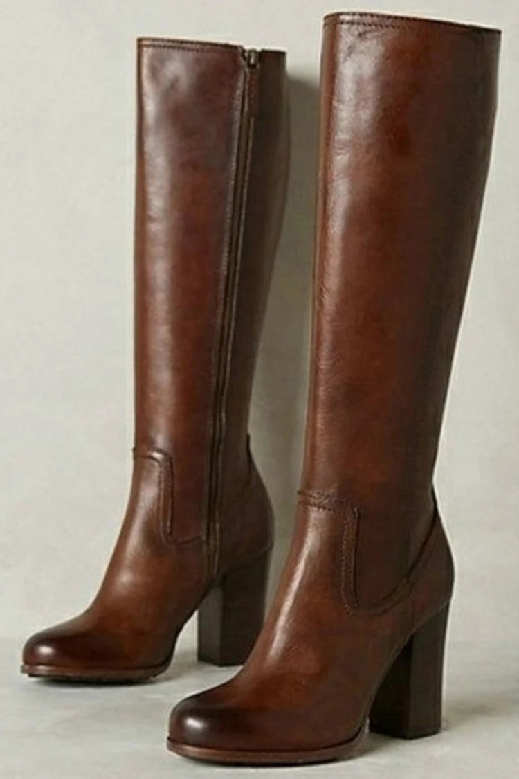 Stitching PU Leather Zipper Round Toe Chunky Heel Knee High Boots 2024 - Xpluswear