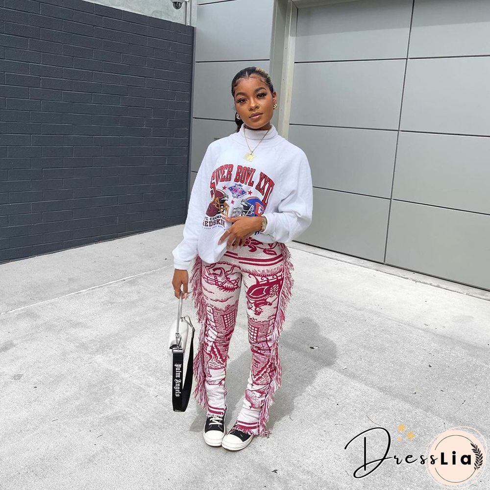 Side Tassels Patchwork Elastic Waist Women Print Jogger Pant