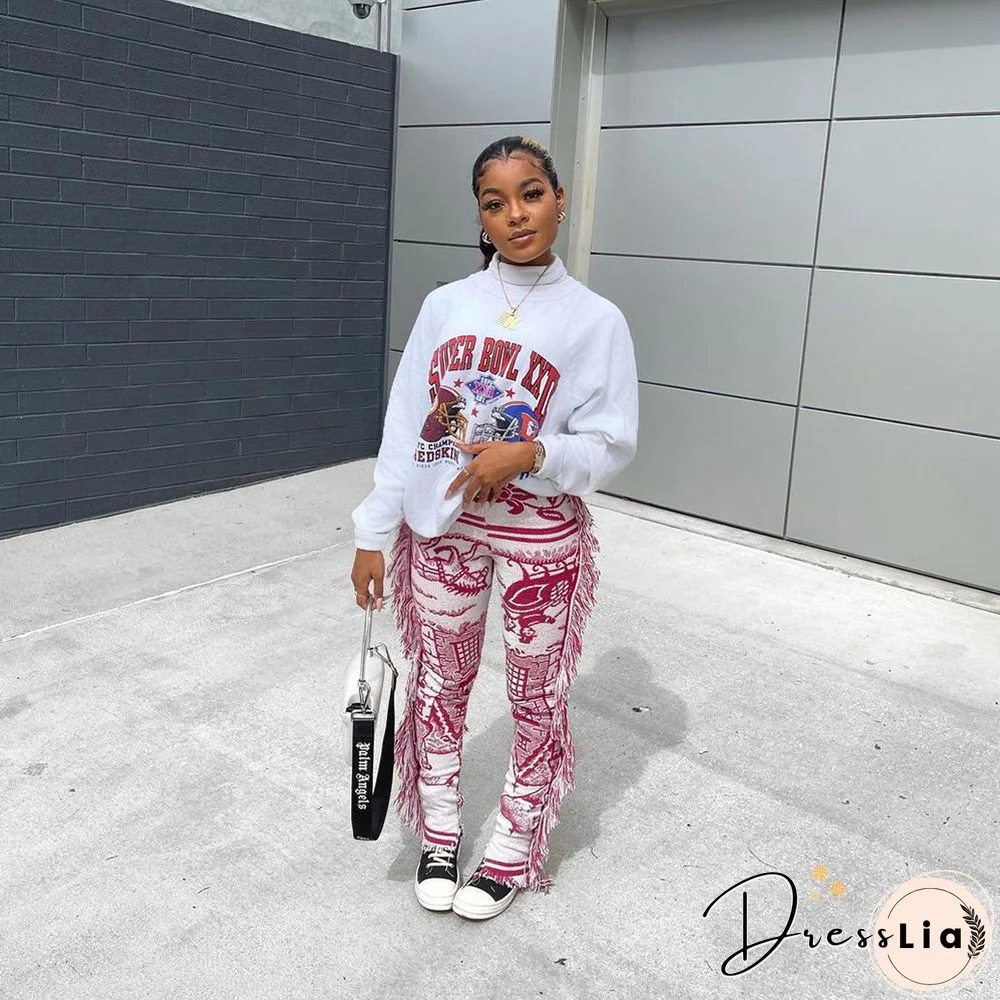 Side Tassels Patchwork Elastic Waist Women Print Jogger Pant