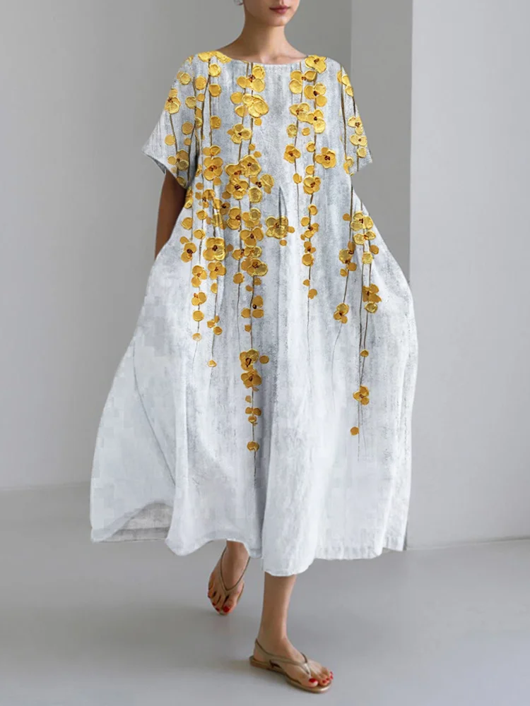 Wearshes Gold Floral Embossed Art Print Linen Blend Maxi Dress