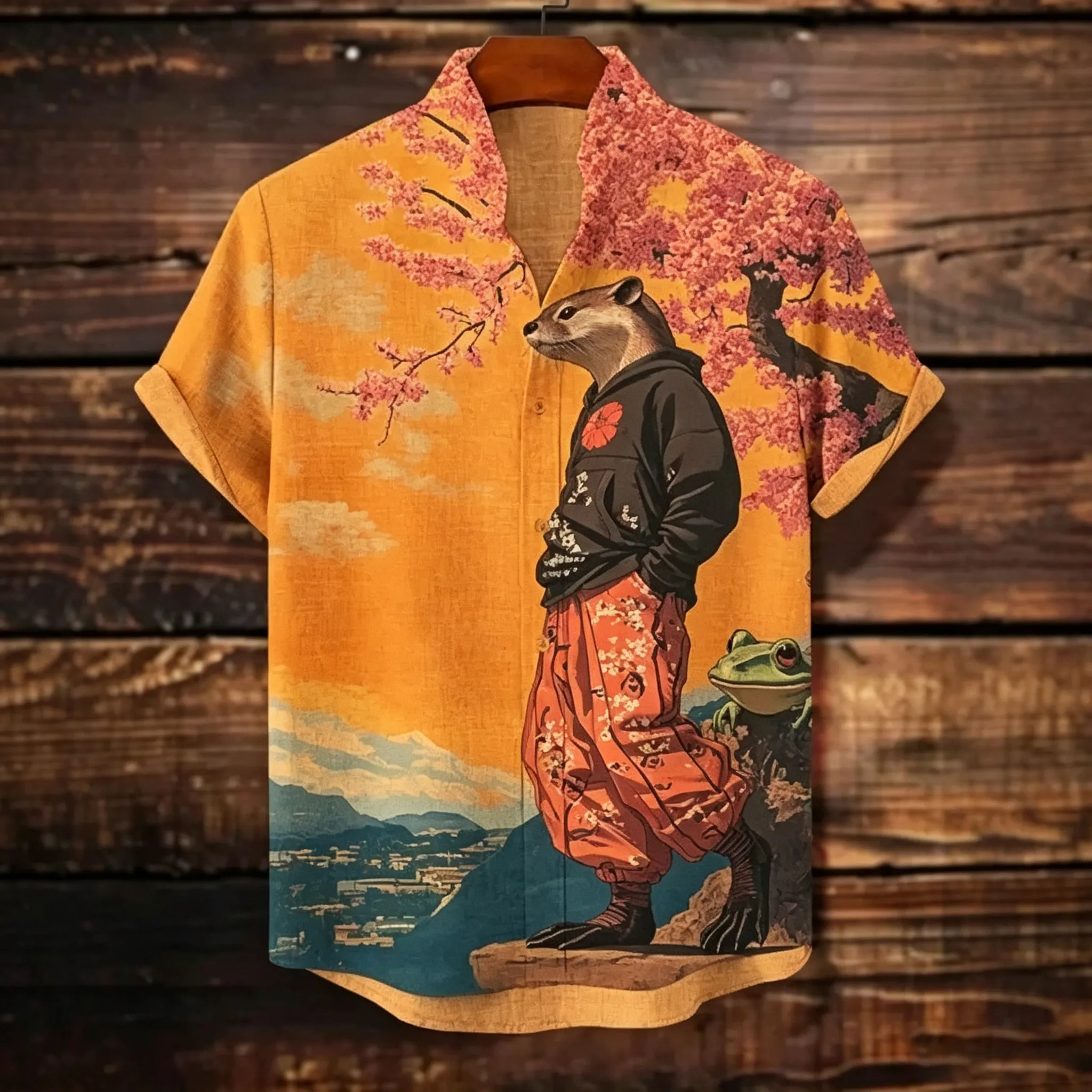 Men's Retro Japanese Animal And Floral Pattern Linen Blend Casual Short-sleeve Shirt  artssus