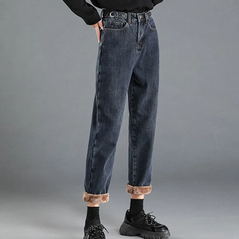 Winter Jeans Women Winter Thick Warm Harem Pants High Waist Denim Trousers Pantalon Velvet Fleece Ankle-length Woman Mom Jeans