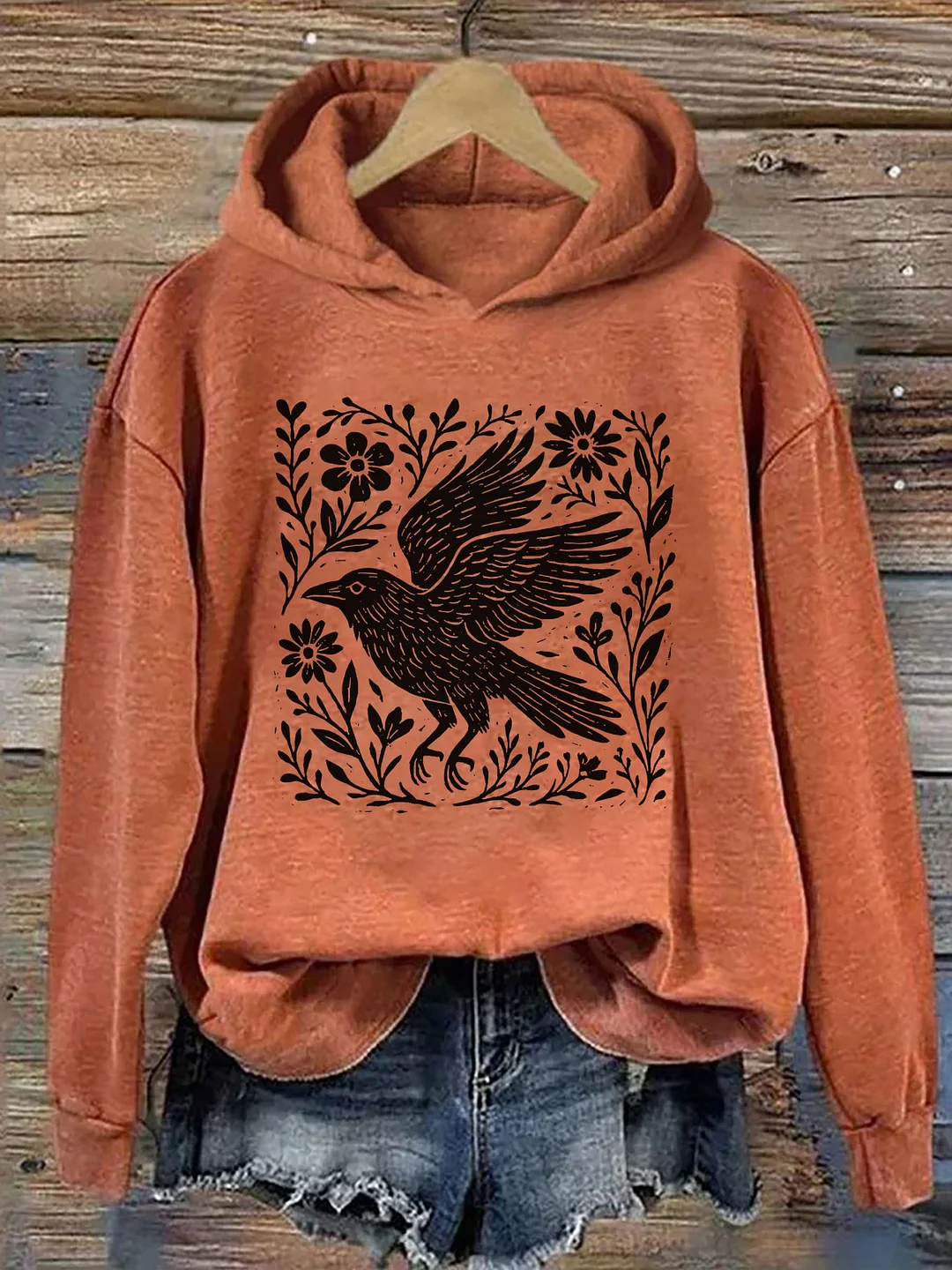 Folklore Forest Crow Lino Print Hoodie