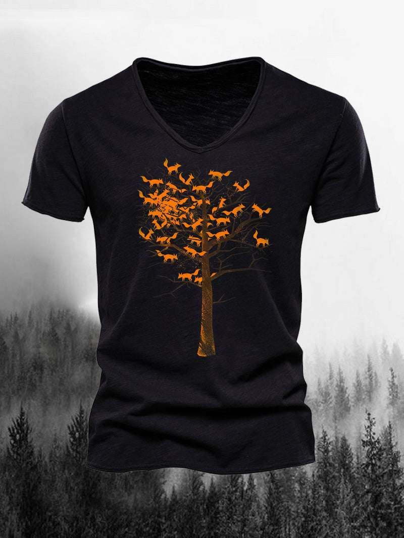 Men's V-neck Short-Sleeved T-shirt with Tree Fox Printing