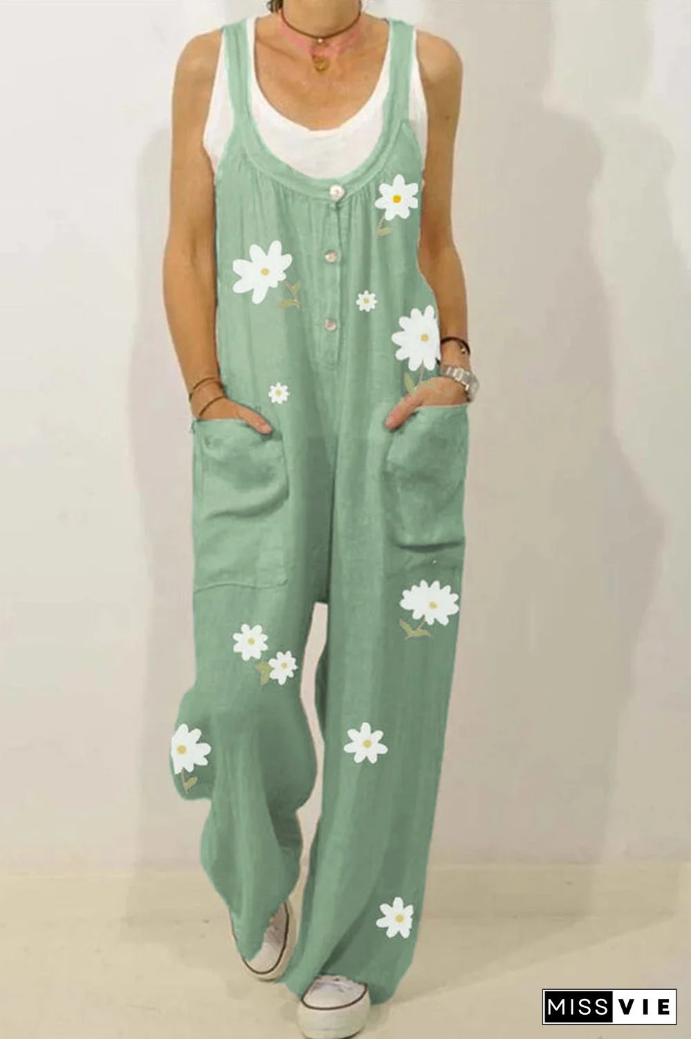 Flower Printed Plus Size Pocket Button Jumpsuit