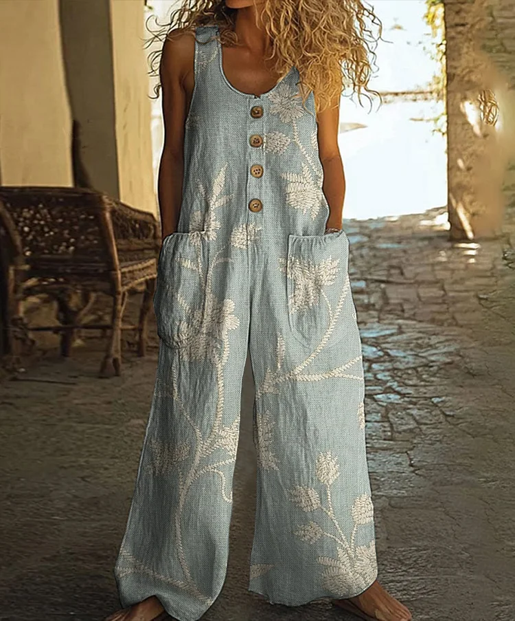 Vintage Floral Art Print Casual Wide Leg Jumpsuit