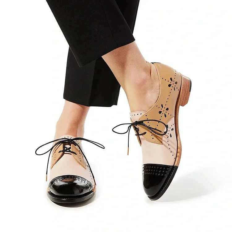 Multicolor Round Toe Flats Classic Cutout Lace Up Women's Oxfords |FSJ Shoes