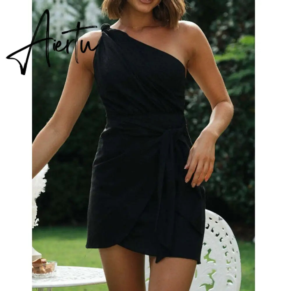 One Shoulder White Cotton Ruched Short Summer Dress Bowknot Beach Sundress Women Sleeveless Solid Dress Aiertu