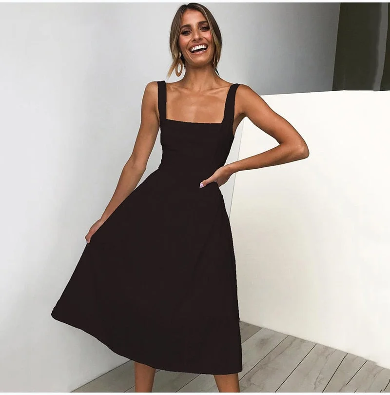 Lossky Casual Solid Dress Women Midi Long Summer Sexy Backless Slip Dresses Ruched Fashion Elegant Party Clothes Leisure 2021