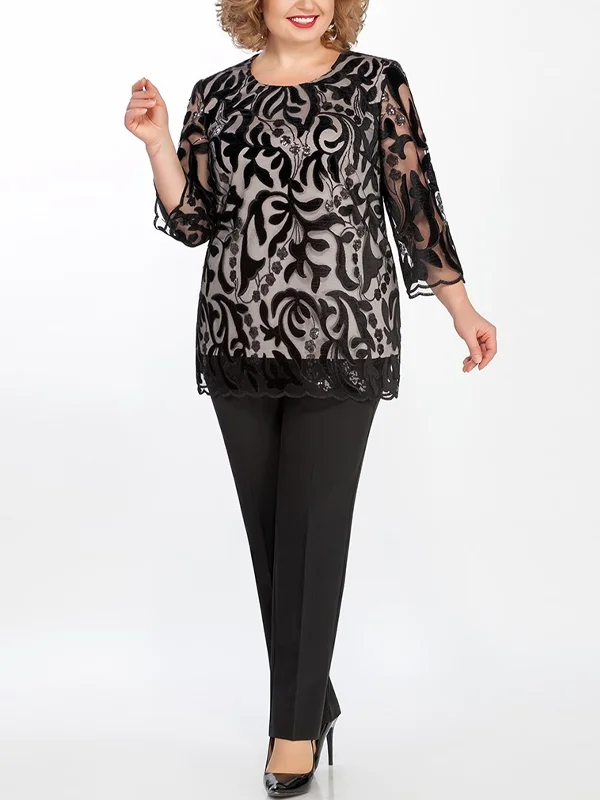 Round neck lace top trousers set