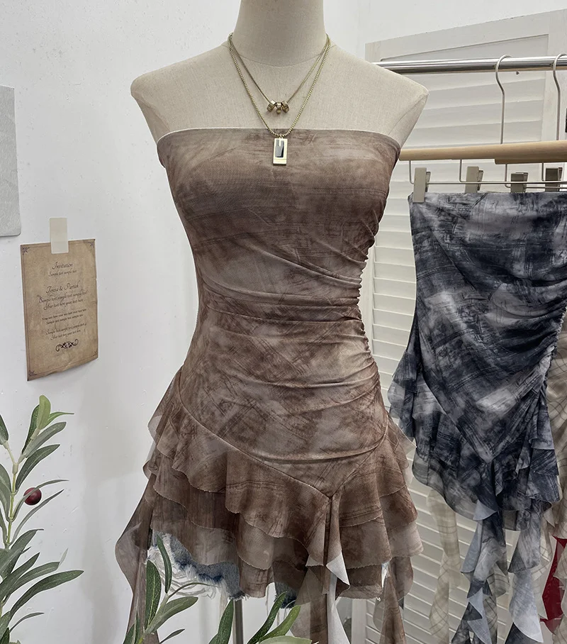 Nigikala Nigikala Shooting Hottie Sexy Shoulder Irregular Lotus Side Ribbon Bram Repair Print Sleeveless Top 1228