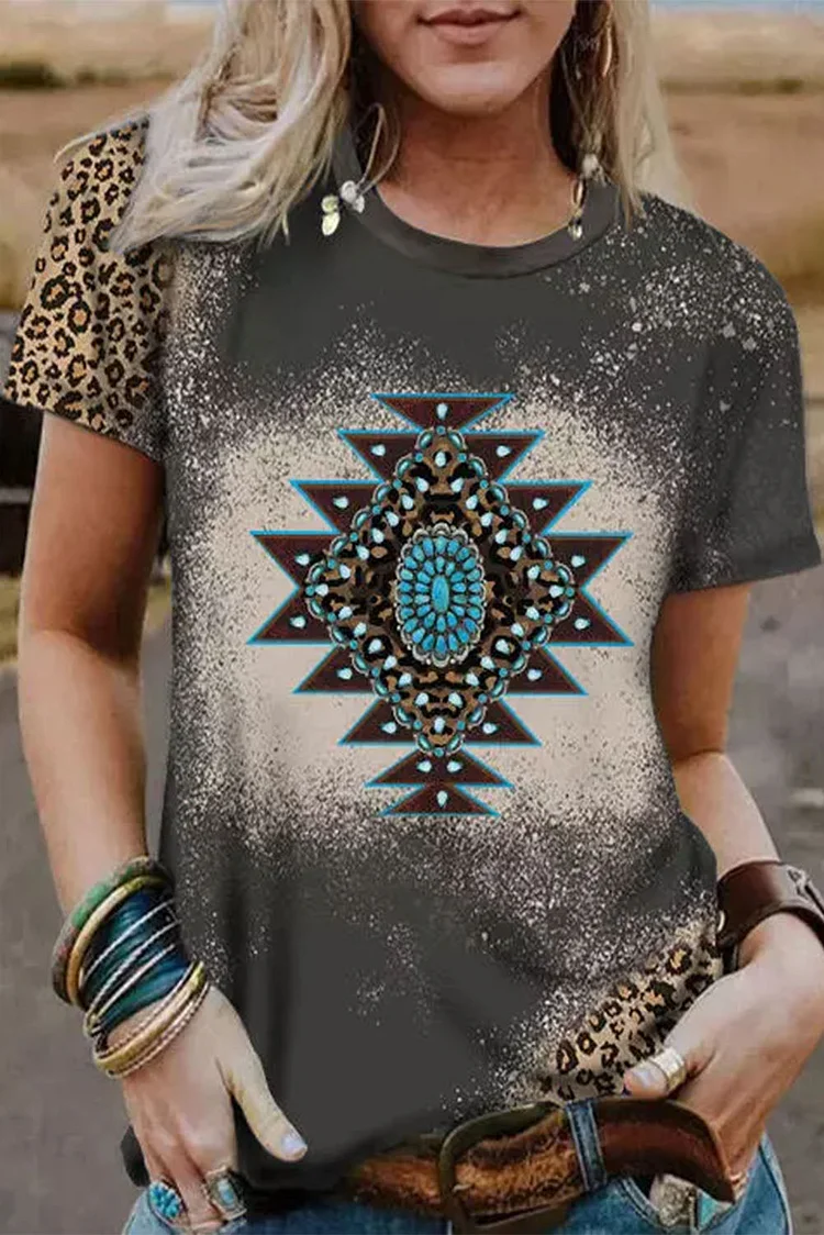Women's Cowgirl T-Shirt Aztec Geometric Leopard Print Short Sleeve T Shirt
