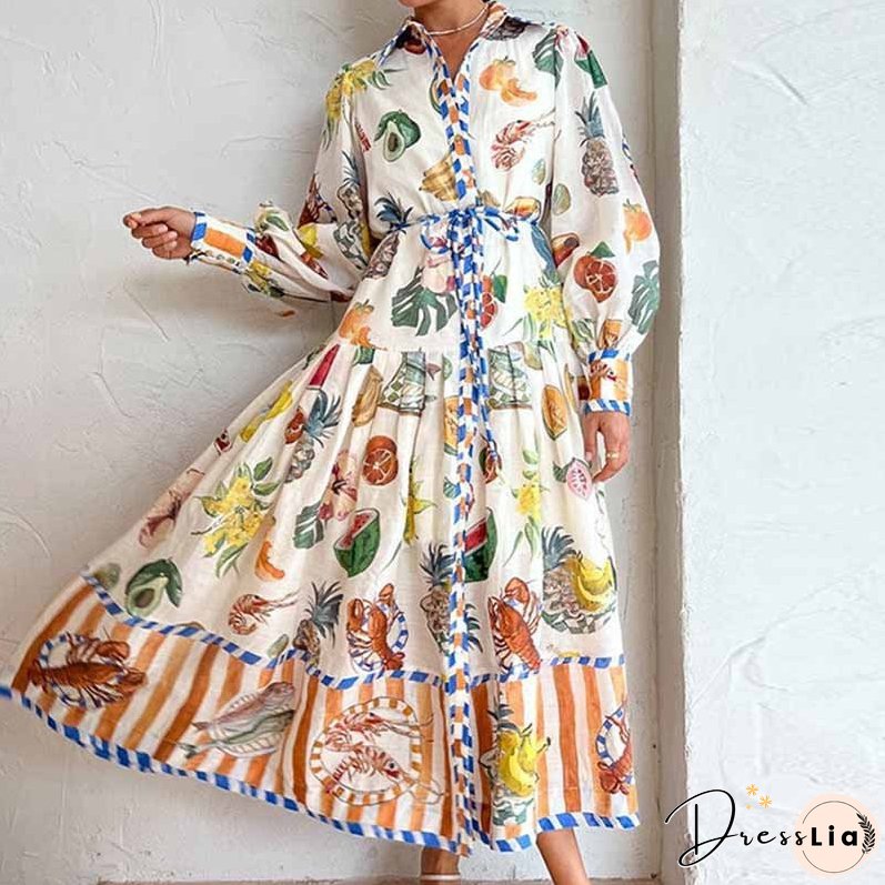 Women's Sleeve Printing Lapel Long Sleeves Large Dresses