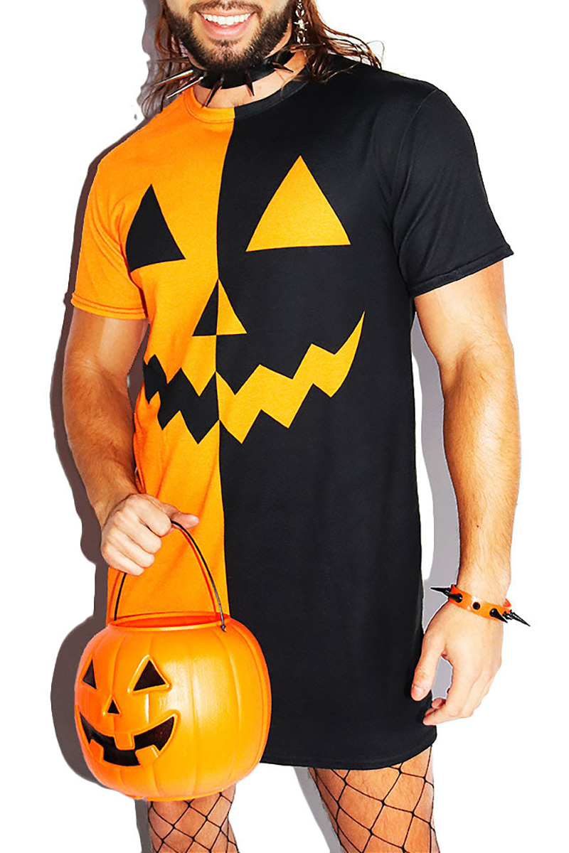 Halloween Pumpkin Print Colorblock Costume Tunic T-Shirt