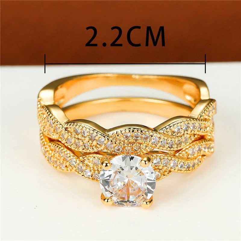 Luxury Female White Stone Set Ring Classic Yellow Gold Color Engagement Ring Crystal Wedding Rings For Women