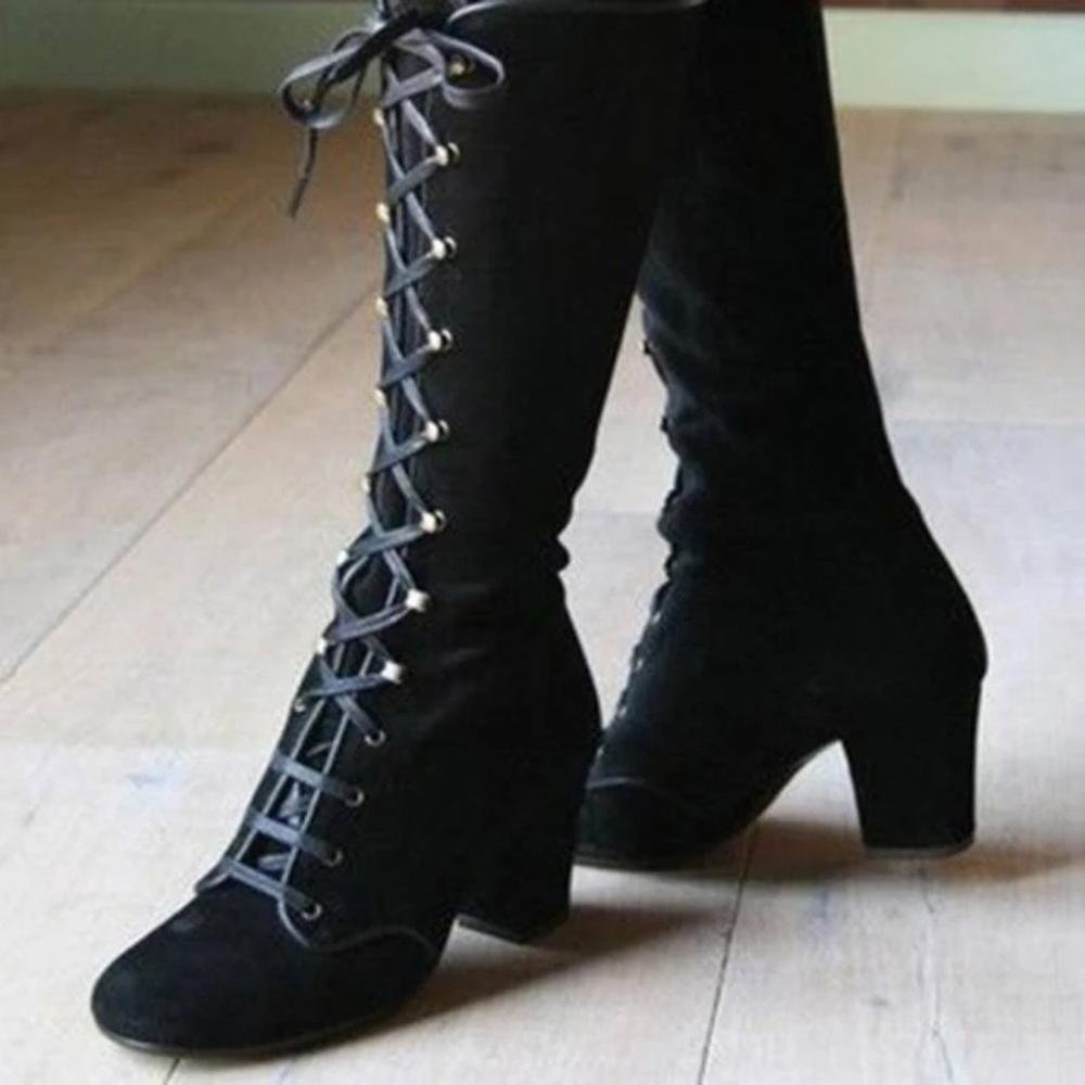 2020 Black boots women Shoes  knee high Women Casual Vintage Retro Mid-Calf Boots Lace Up Thick Heels Shoes 1020-1