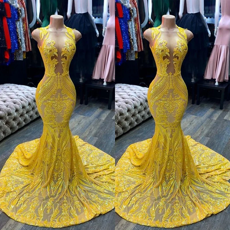 Yellow V Neck Sequins Mermaid Prom Dresses with Slit VK24032002 main image 0