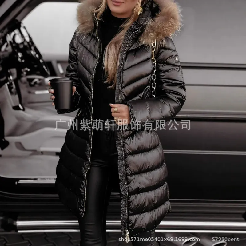 Nigikala Nigikala Thick Hooded Cotton Clothes Women's Long-Haired Collar Fashion Cotton Jacket Winter Cotton Clothes Women