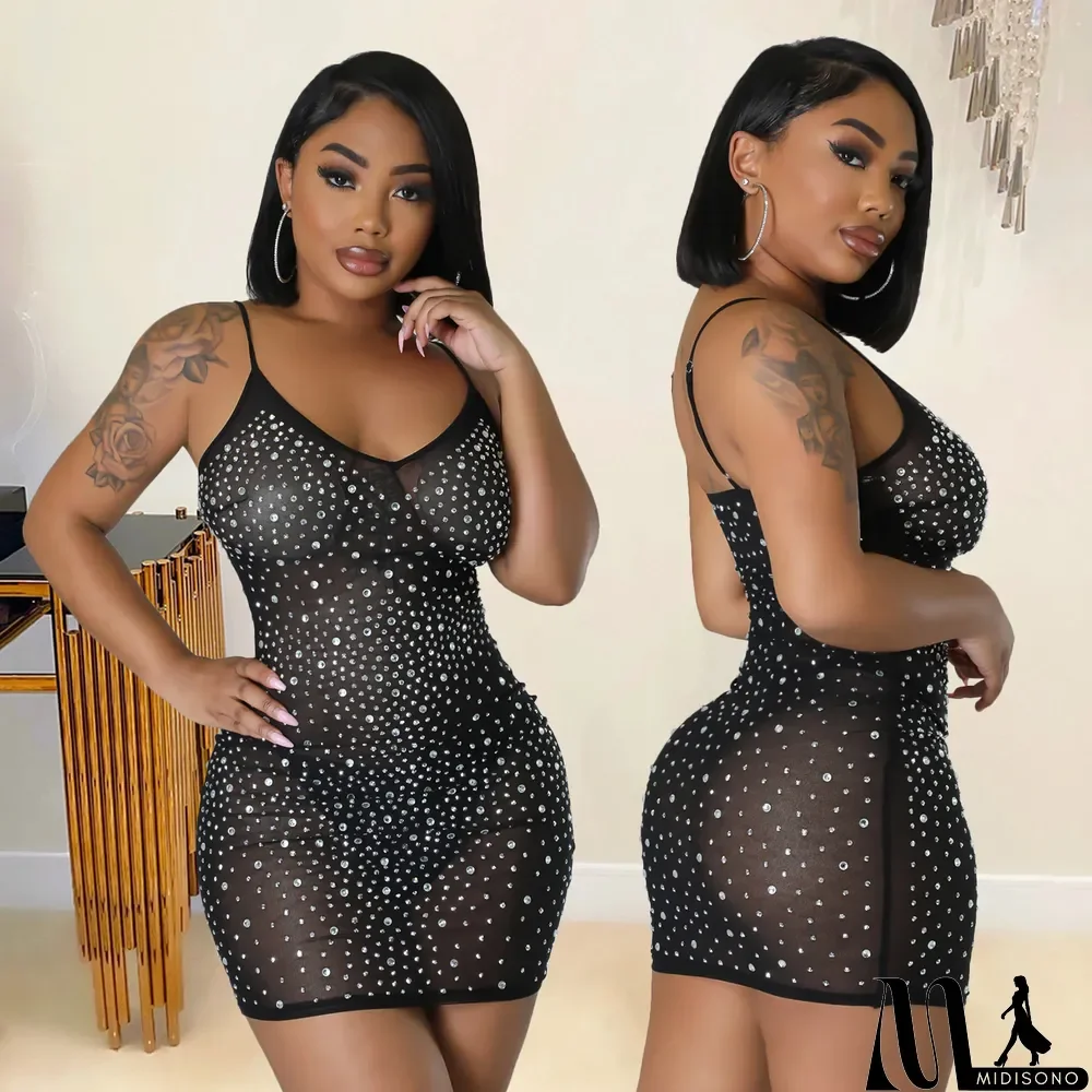 MidiSono - Summer Women's Sexy Mesh Beaded Nightclub Sling Short Dress