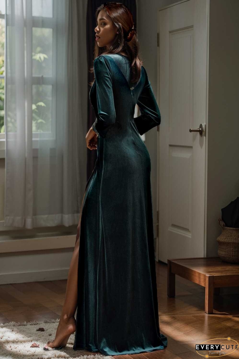velvet 3 4 length sleeve illusion v neck front slit evening dress