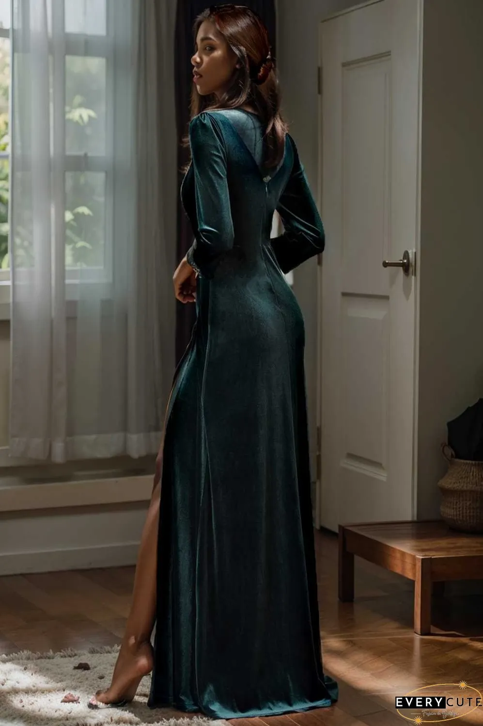 velvet 3 4 length sleeve illusion v neck front slit evening dress