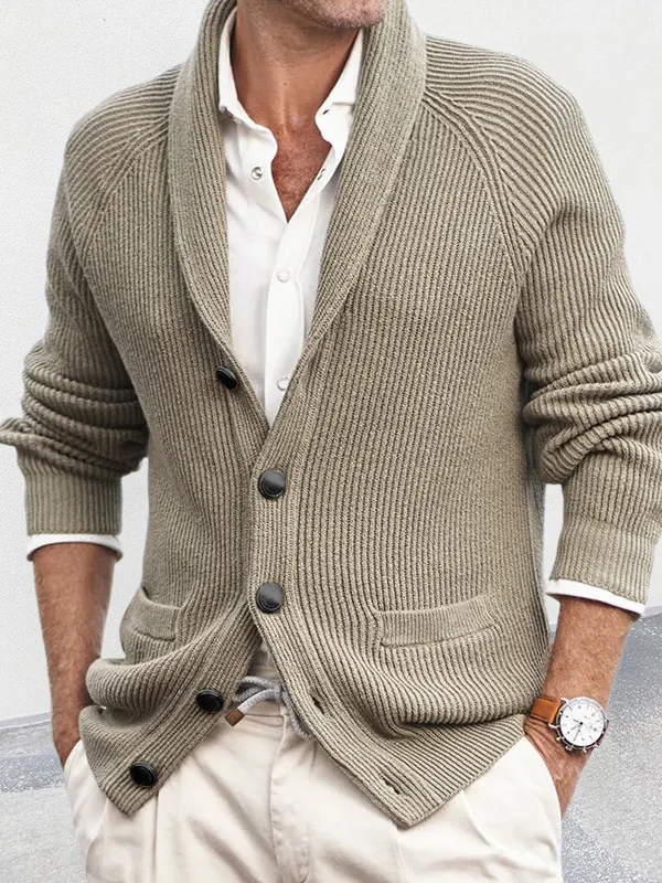 Men's Lapel Collar Button Pocket Ribbed Knit Cardigan