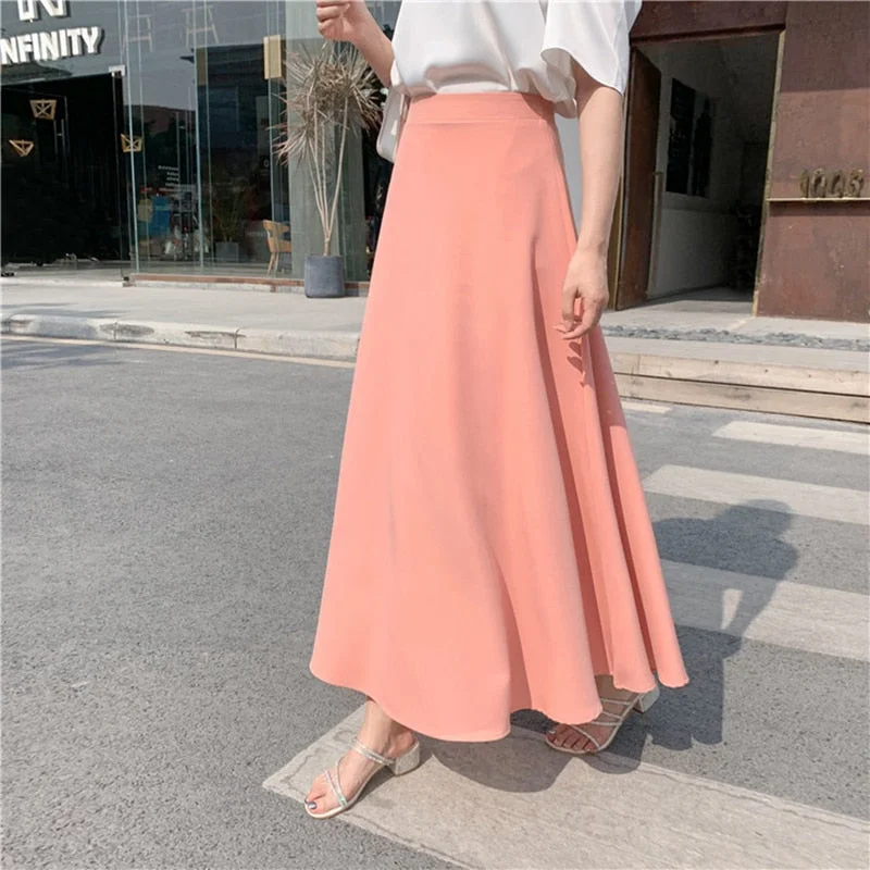 2021 Women's Korean Style Office Lady Skirts Spring Fall Casual Solid High Waist A-Line Satin Femme Skirts