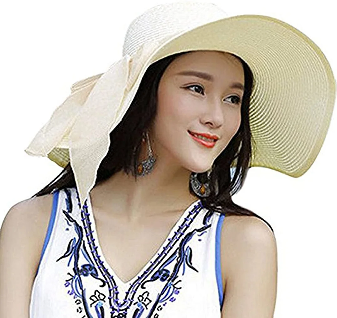 Womens Big Bowknot Straw Hat Floppy Foldable Roll up Beach Cap Sun Hat UPF 50+