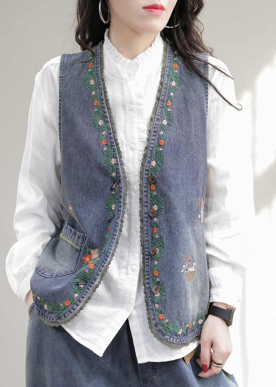 VCSHOES Blue V Neck Embroideried Patchwork Denim Waistcoat Sleeveless