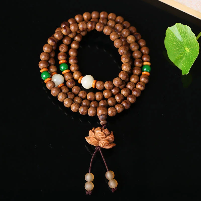 108 Mala Beads Agarwood White Jade Lotus Prayer Meditation Necklace Bracelet