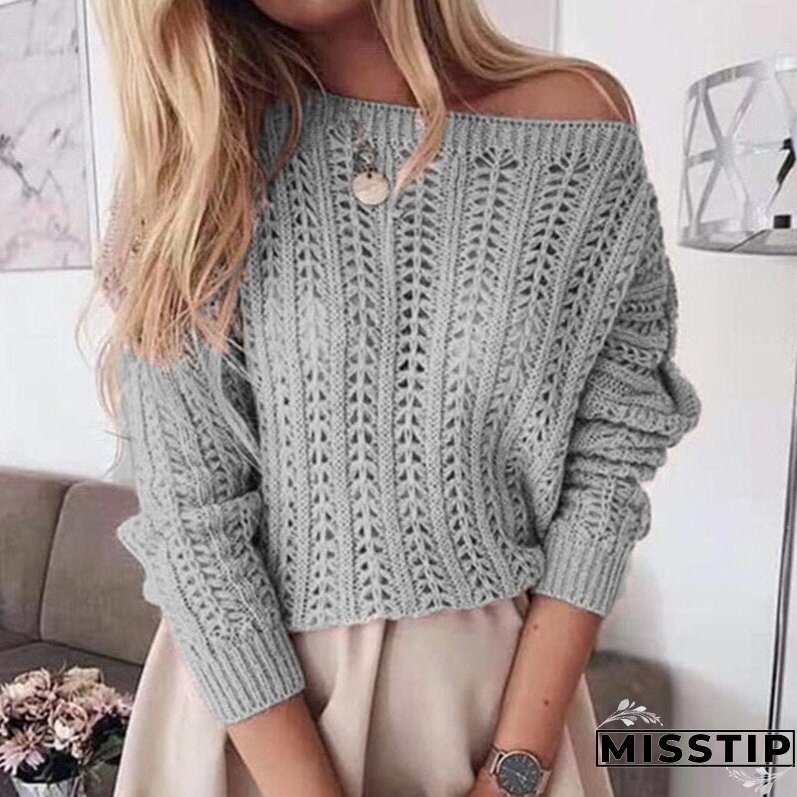 Joskaa Womens Knit Sweaters, Hollow Pink Round-neck Casual Female