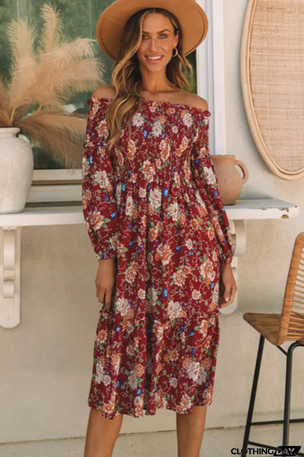 Red Dahlia Frilled Shirred Knotted High Waist Floral Dress