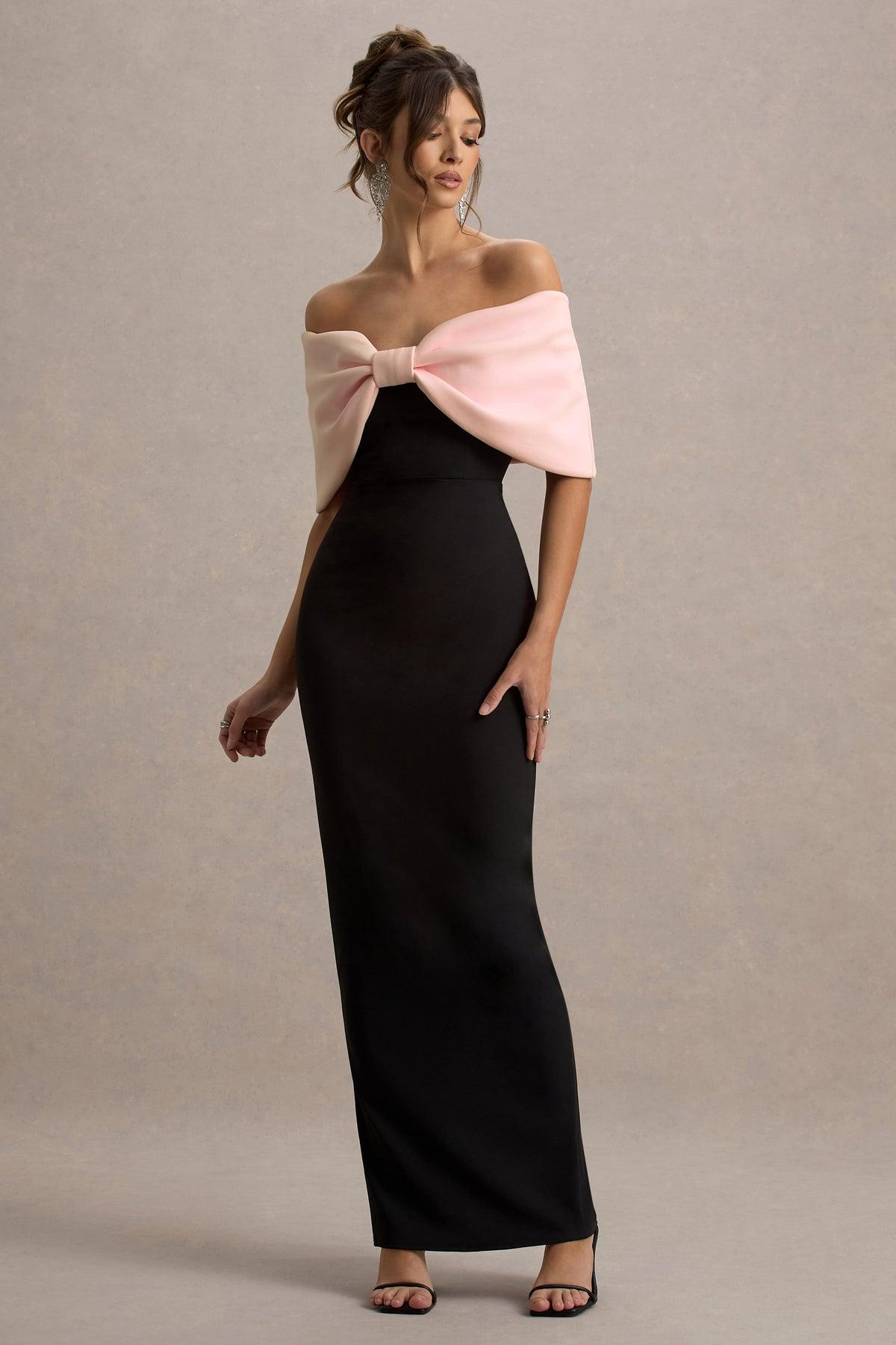 Lussooy Charming Satin Black & Pink Off the Shoulder Strapless Long Prom Dress with Oversize Bow 