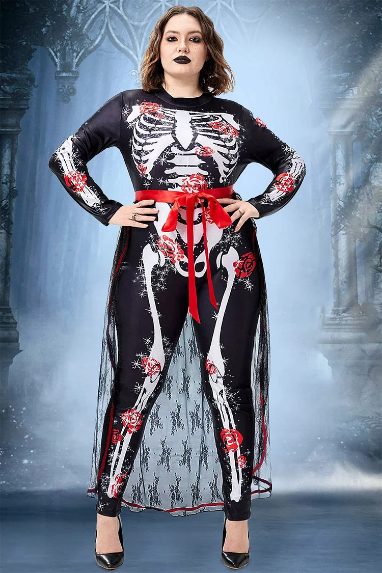 Xpluswear Design Plus Size Halloween Costume Black Gothic Skeleton Print Sleeveless Knitted Jumpsuit 