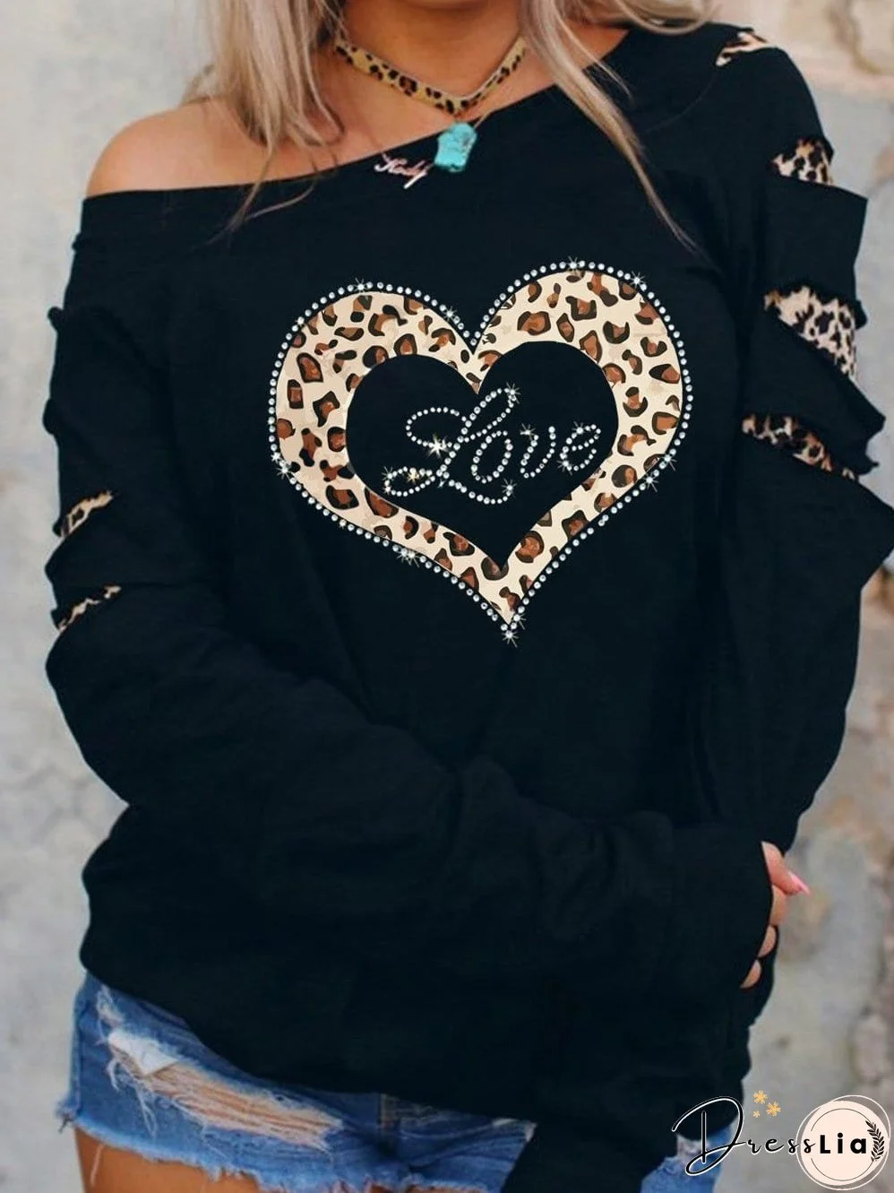 Leopard Print Rhinestone Heart Embellished Sweatshirt with Slashed Sleeves
