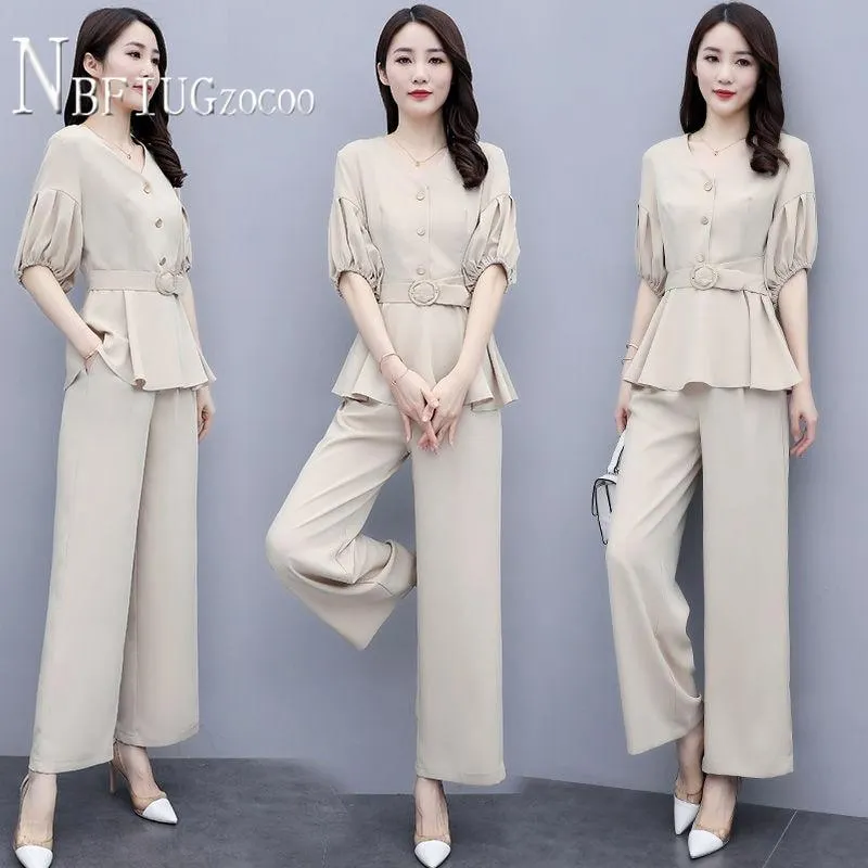Plus Size Summer 2021 Women Sets Slim Temperament Blouse And Wide Leg Pants Female Sets