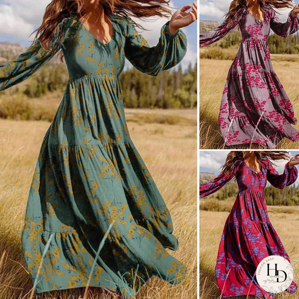 Women Full Puff Sleeve V-Neck Back Zipper Floral Autumn Daily Holiday Maxi Dress Plus Size