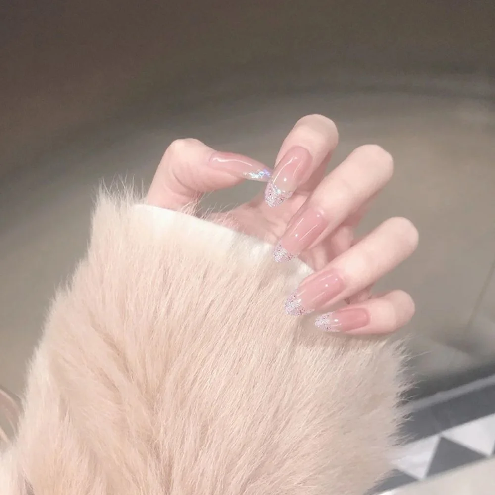 Shiny Fake Nails Nude Extra Long Coffin Full Cover Glossy Artificial False Nails Long Ballerina Press On Nails with Glue Sticker