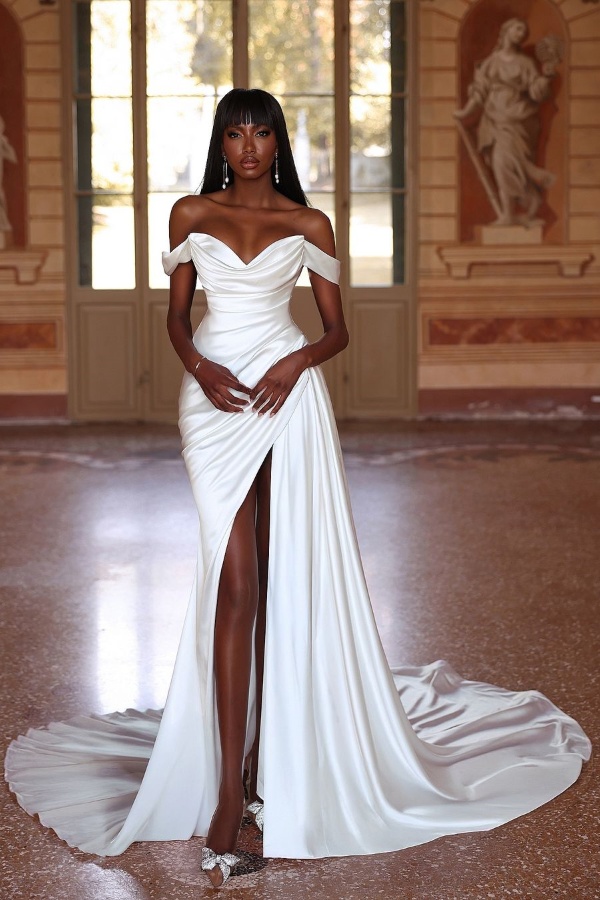 Elegant Cream Off-Shoulder Long Gown with Front Slit Wedding Dress