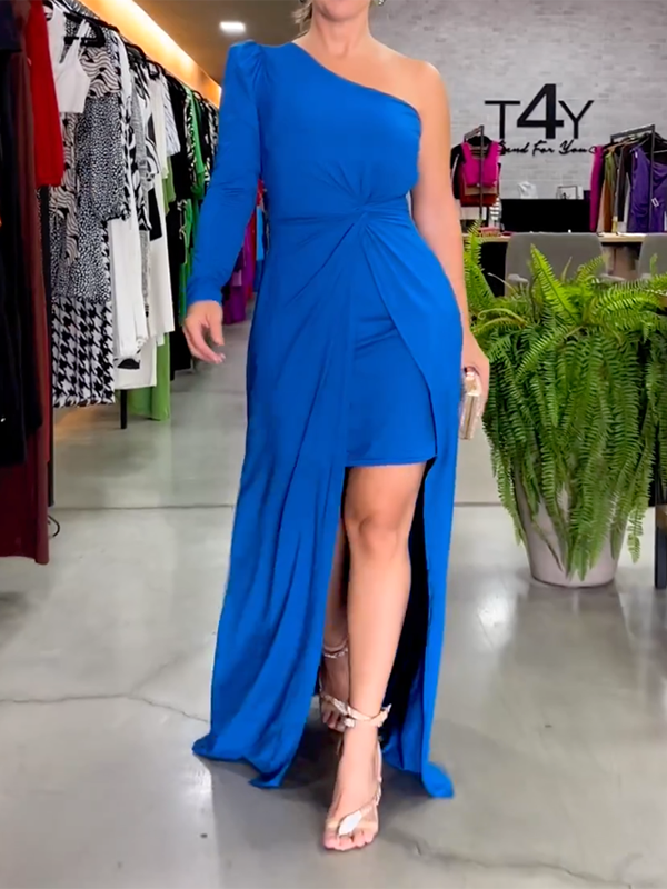 Asymmetric Solid Color Split-Side Long Sleeves One-Shoulder Maxi Dresses