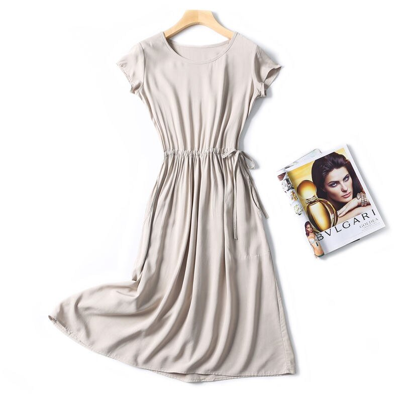 Large size cotton and linen dress women's summer 2021 new short-sleeved round neck solid color high waist mid-length large dress
