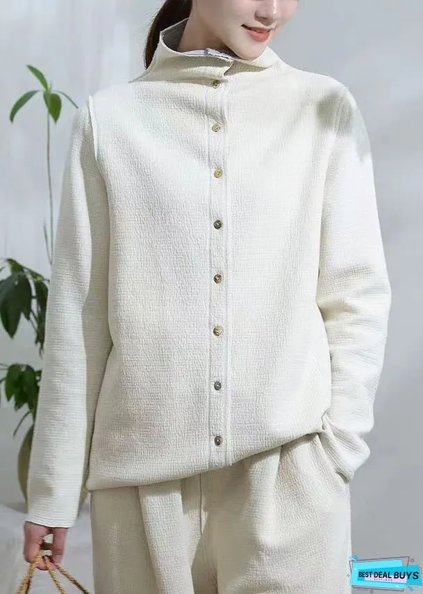 Unique White Stand Collar Button Patchwork Cotton Coats Fall