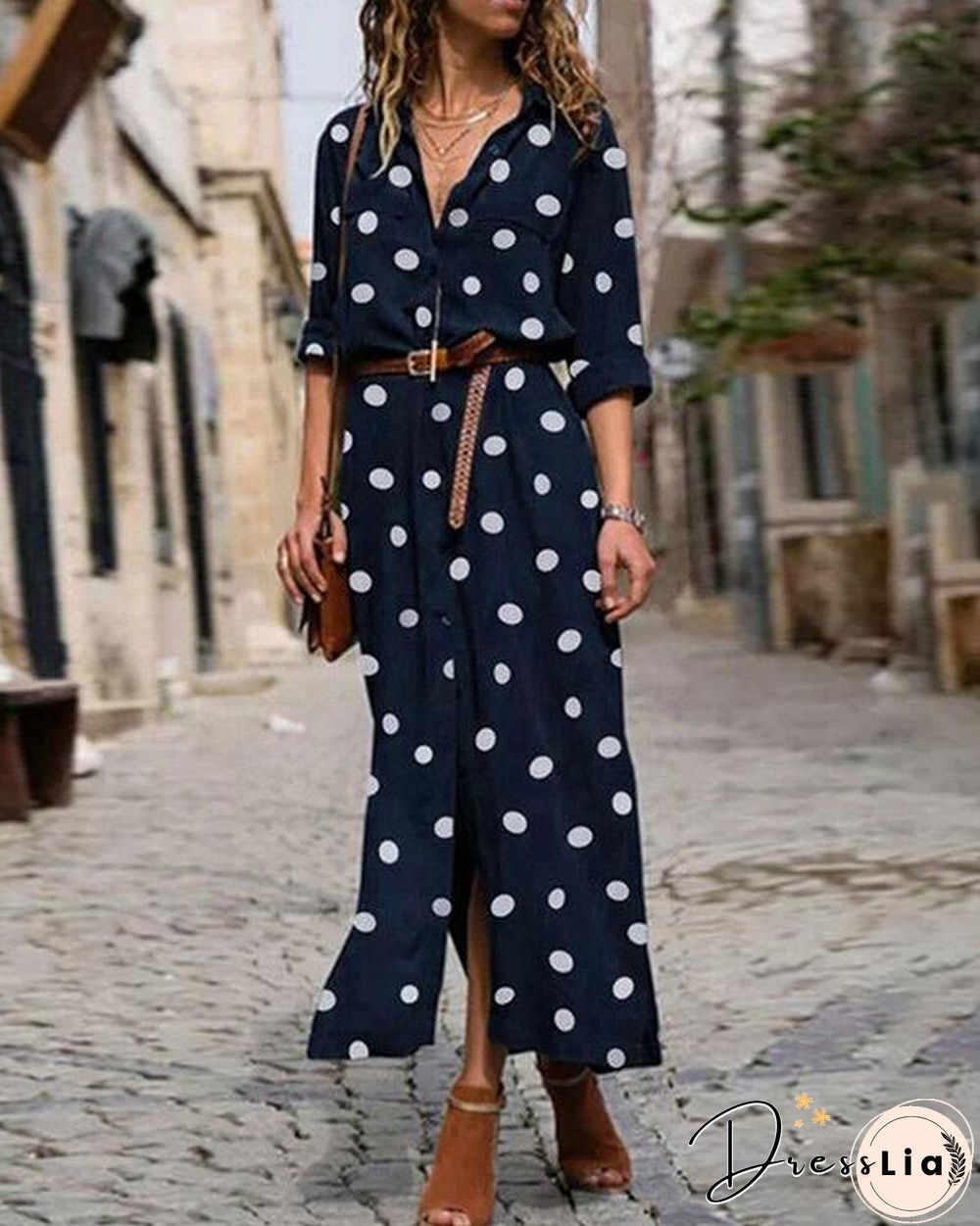 Polka Dot Print Women Casual Midi Dress