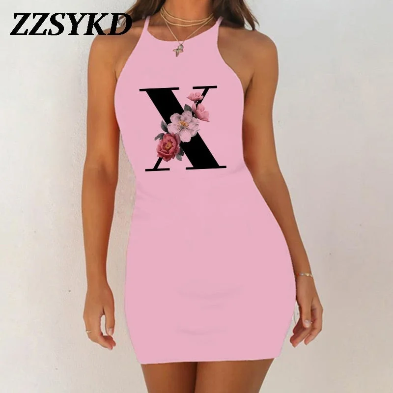26 English Alphabet Print Summer Sexy Clothes Women Dresses 2020 Plus Size Dress Bodycon Evening Party O-Neck Pink Mini Vestidos
