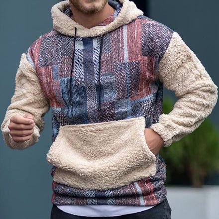 Graphic Print Stitching Polar Fleece Hooded Sweatshirt