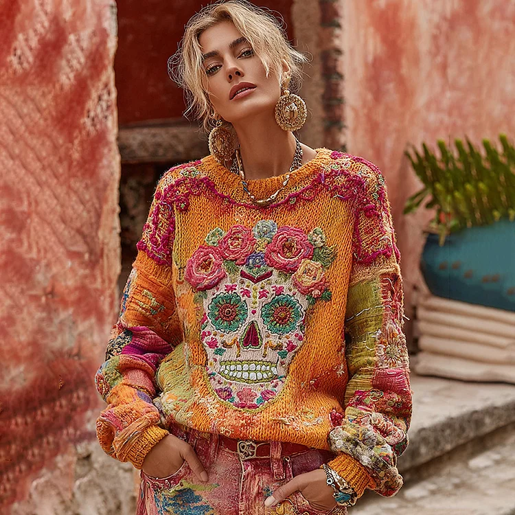 Women's Classic Mexican Sugar Skeleton Catrina Day Of The Dead Inspired Painting Embroidered Art Cozy Knitted Sweater
