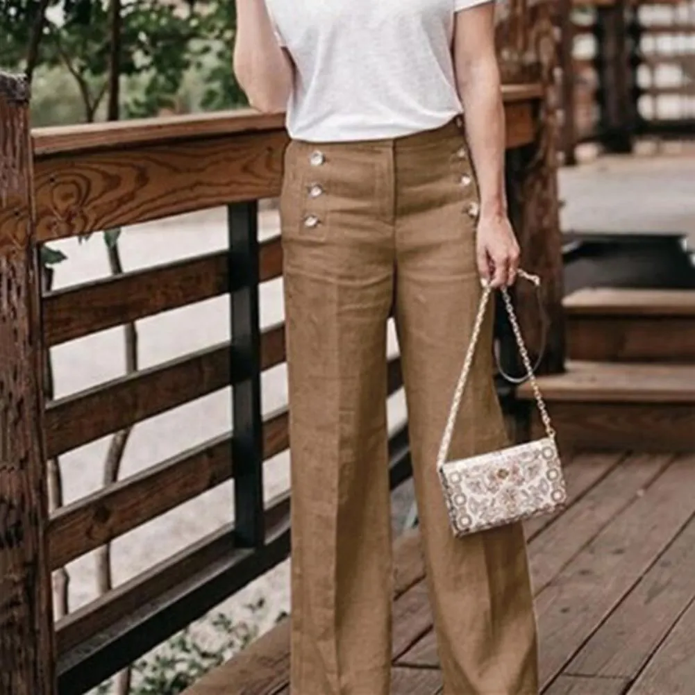 Solid Color Buttons High Waist Wide Leg Pants Women Cotton Linen Long Trousers