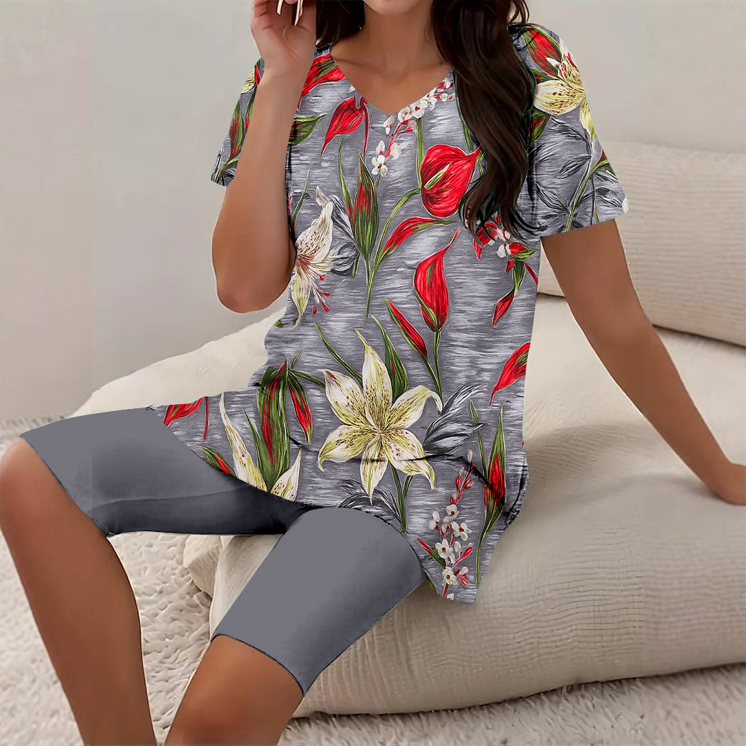 Women Long Sleeve V-neck Graphic Floral Printed Top