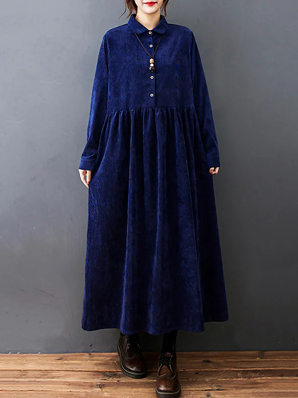 Nostalgic A-Line Corduroy Midi Dress: Vintage-Inspired with Split-Joint ...